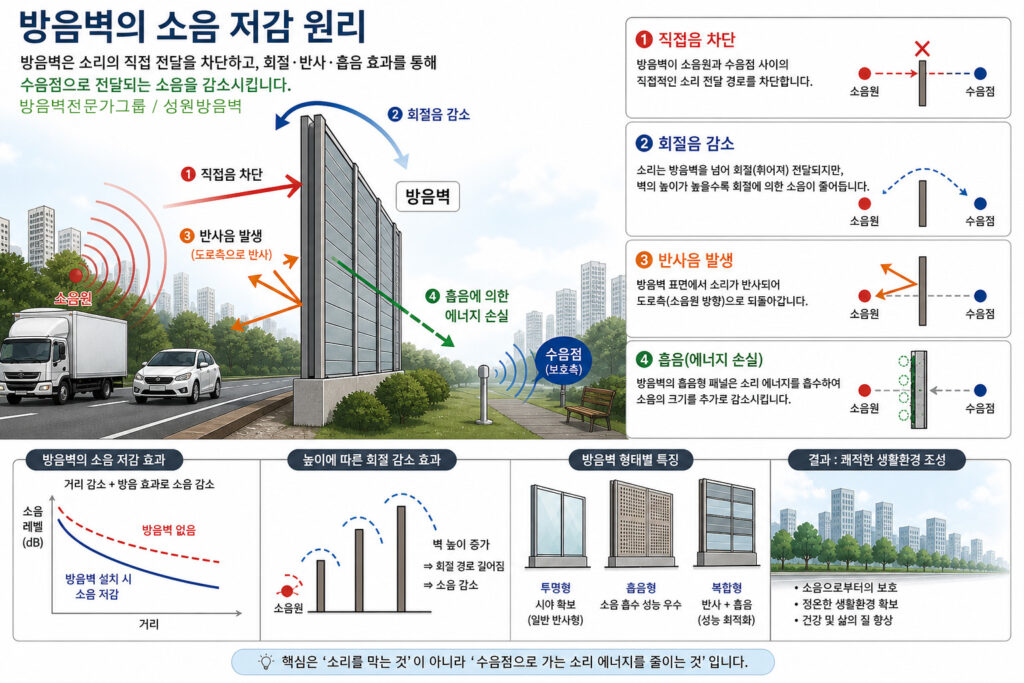 방음벽의 소음 저감 원리 그림 성원방음벽